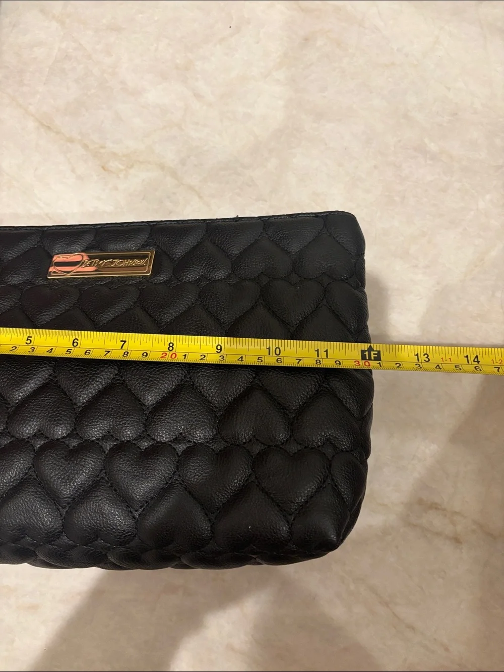Betsey Johnson Black Quilted Heart Cosmetic Bag with Gold Plaque
